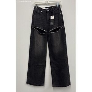 Forever 21 Black black denim‎ flare wide-leg jeans with stud details. - Size 26